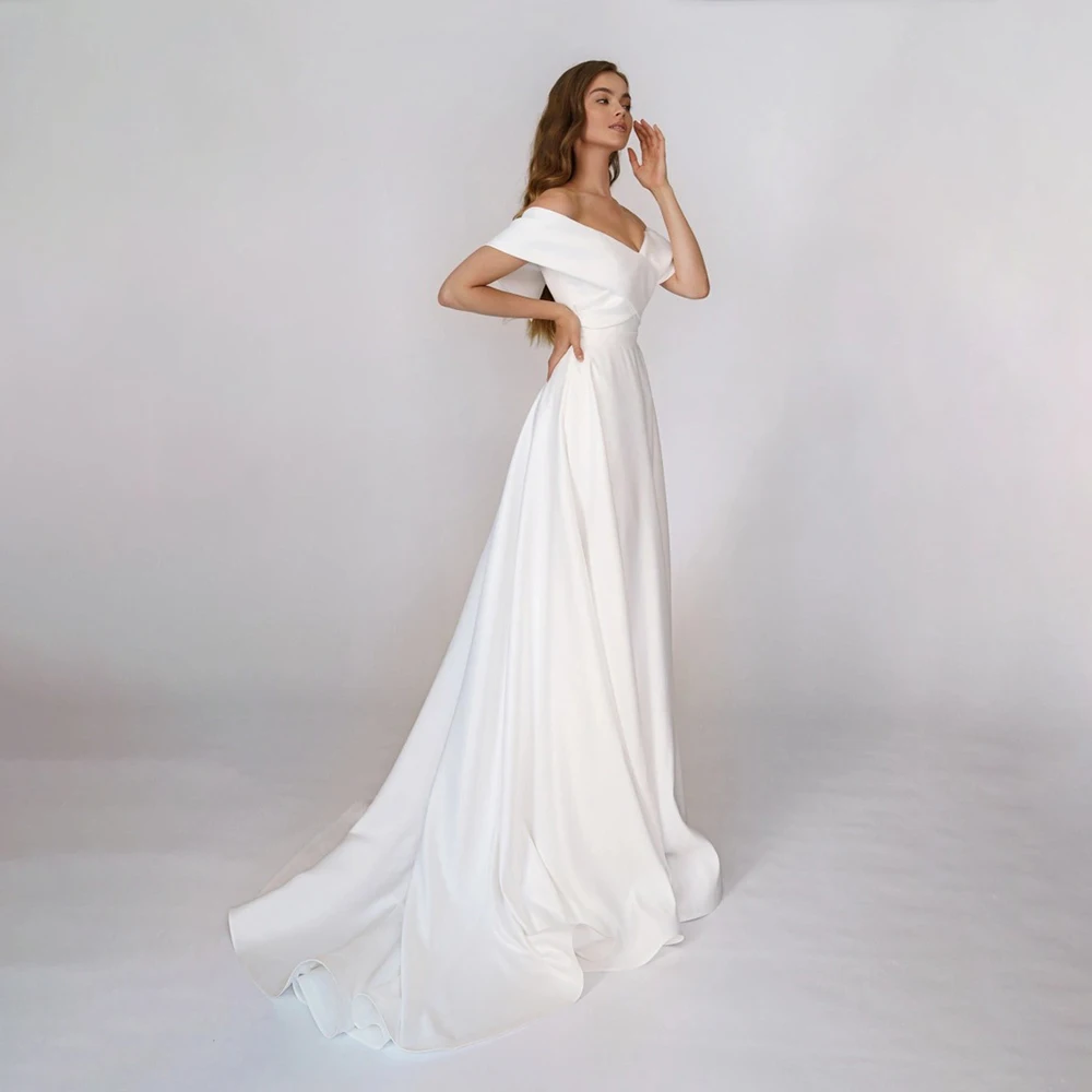 Luxe cetim fora do ombro pescoço criss cruz vestidos de noiva minimalista feito sob encomenda uma linha simples micro drape ruched vestido de casamento