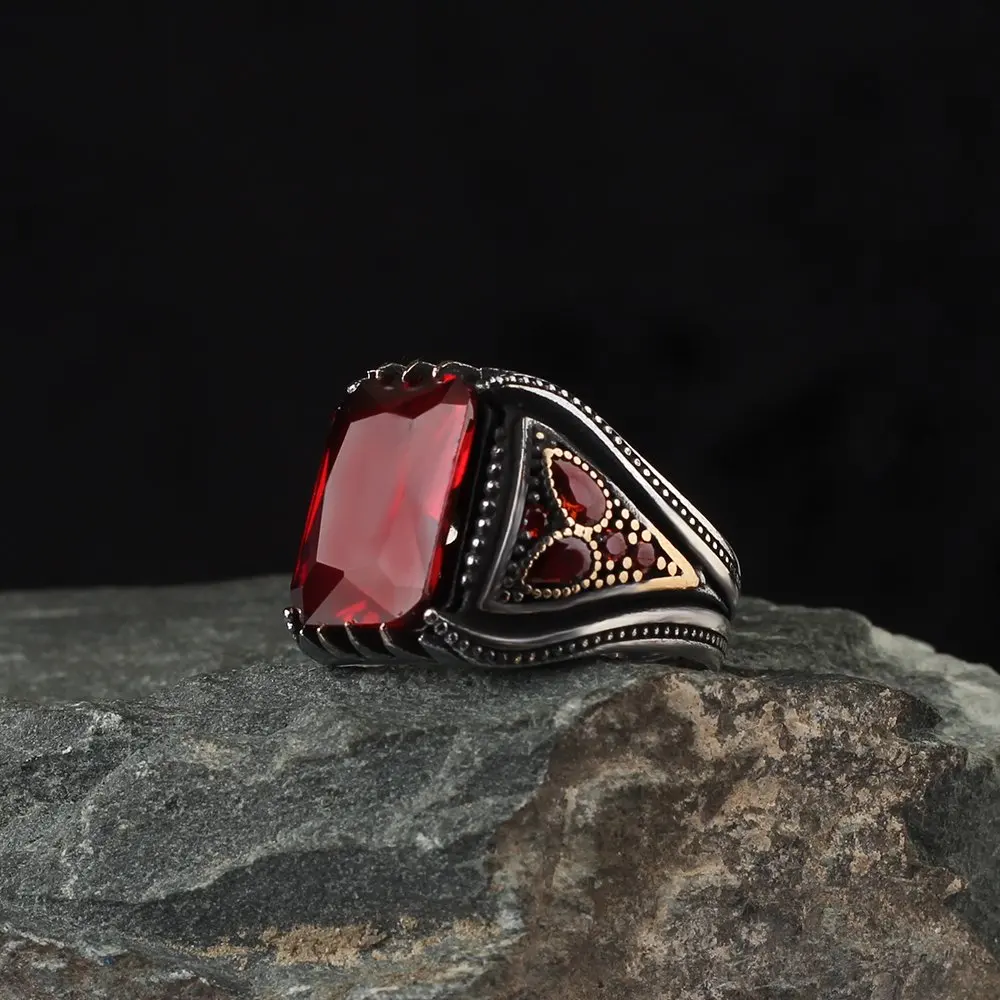 MEN 'S 925 Sterling Silver Ring Red Zircon Stone Gift Product Special Design Handmade Made in Turkey