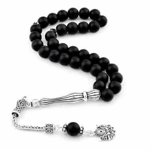 

Silver Matte Black Onyx Gemstone Prayer Rosary Men Sphere Cut Rosary With Silver Tassel Turkish Ottoman Coat of Arms Tassel 925