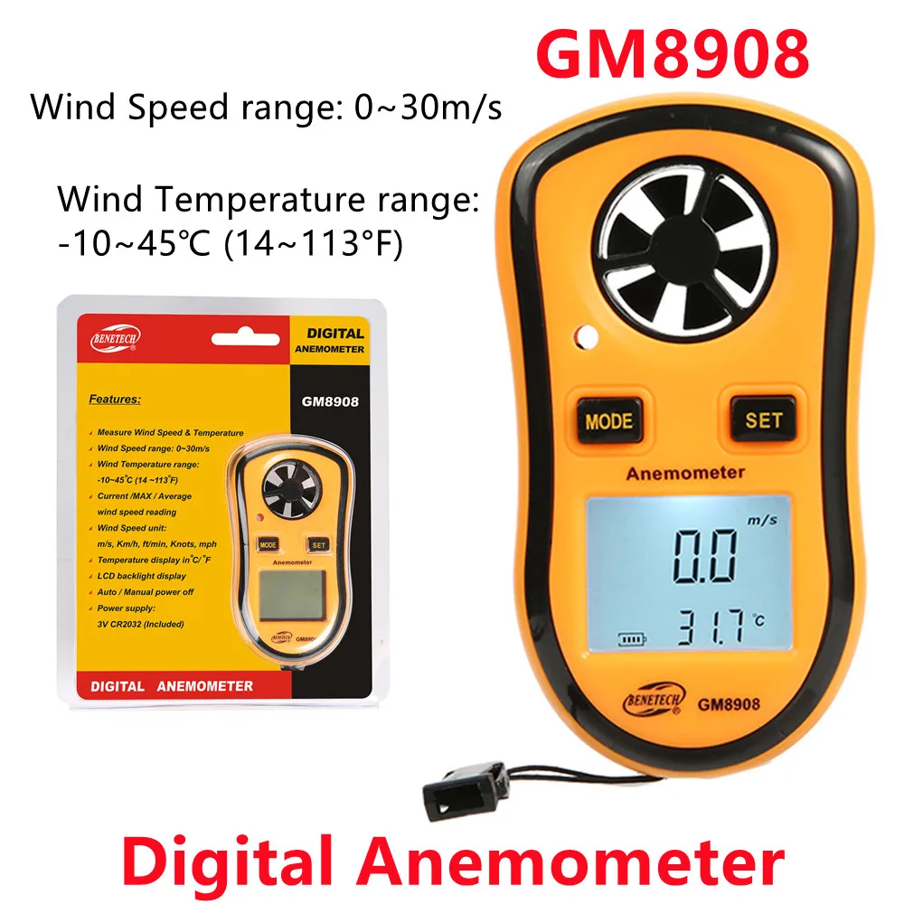 

5PC Digital Anemometer GM8908 Portable Air Velocity Airflow Temperature 30m/s LCD Display Wind Speed Scale Gauge Meter Windmeter