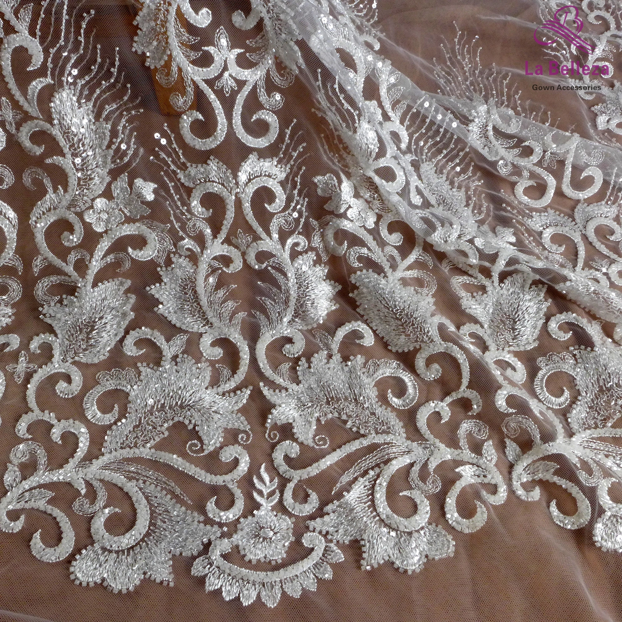 Lace fabric pattern White Embroidery beaded through bright piece wedding dress high-grade sewing fabric 1 yard