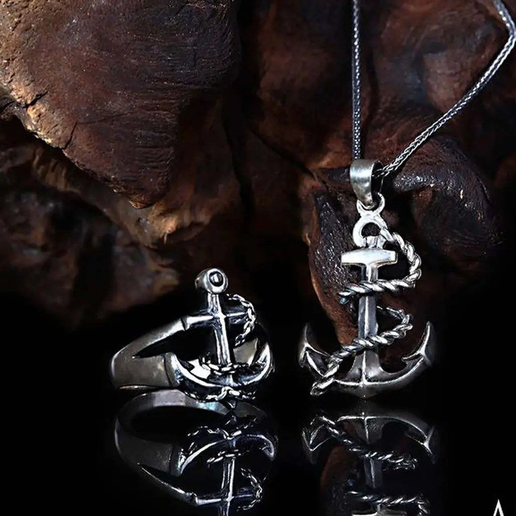 Silver Anchor Design Men's Silver Necklace Ring Set Ring for Men 925 Sterling Silver Sailor Anchor Rings Vintage Jewelery