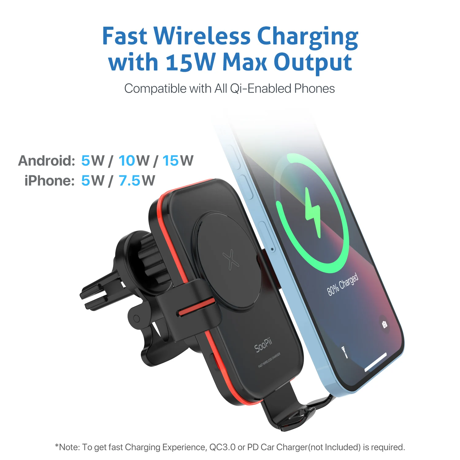 SooPii Wireless Car Charger Mount 15W Qi Fast Charger Auto Clamp Compatible with lPhone 13/12/11 Samsung S21/S20/S10