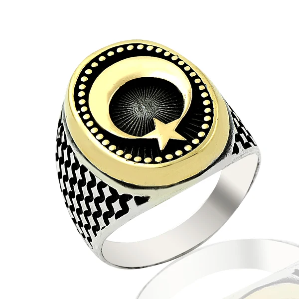 925 Silver Moon and Star Printed Ethnic English Men Rings