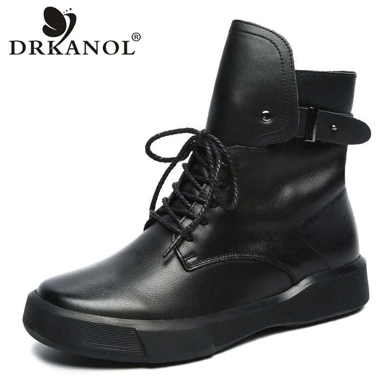 DRKANOL 2024 Classic Black Luxury Women Boots Autumn Winter Warm Shoes 100% Genuine Leather Rubber Sole Casual Flat Ankle Boots