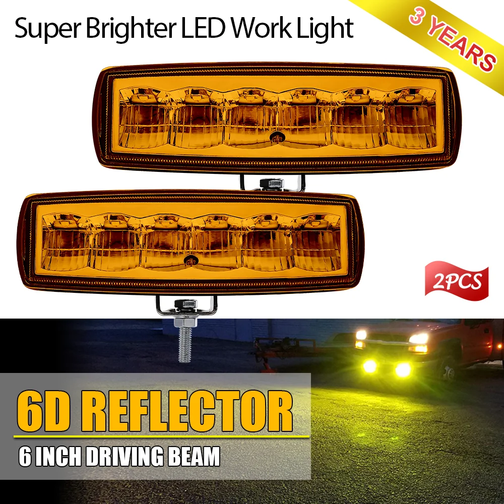 BraveWay Led Fog Light Yellow 3000k Work Light 6 inch 2pcs Offroad Running Lights Car Led Light Bar 24v Truck Boat 6D