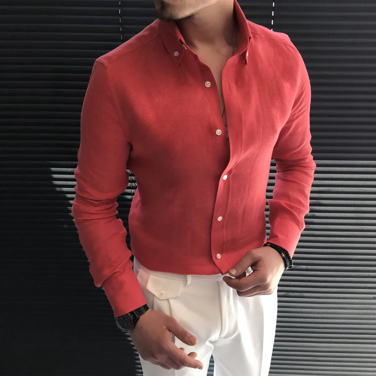 2021 summer Men 'S Linen Shirt, Red Real Linen Shirt, 100 French Linen fabric, Button Collar, pearl Button, Comfort Fit