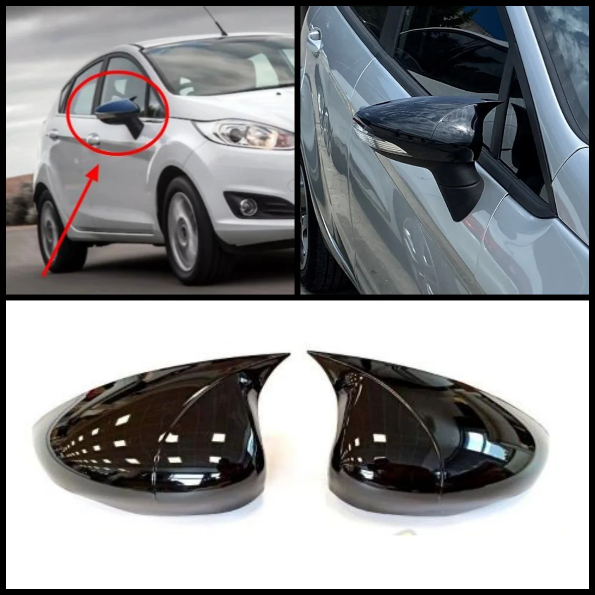 For Ford Fiesta 2008-2017 ABS Plastic Bat Wing 2 Pieces Mirror Covers Caps Rearview Mirror Case Cover Gloss Black Car Accessory