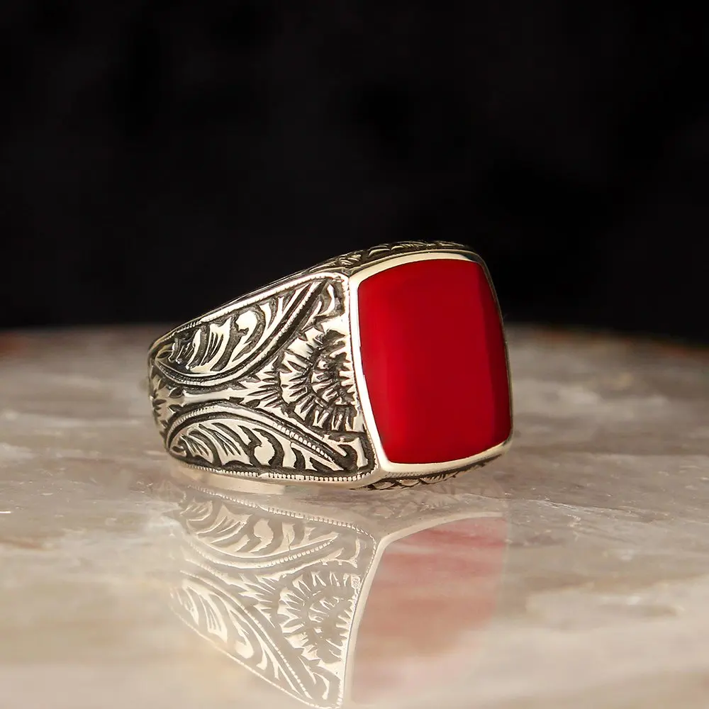 

Custom Carved Red Enamel 925 Sterling Silver Men 'S Ring