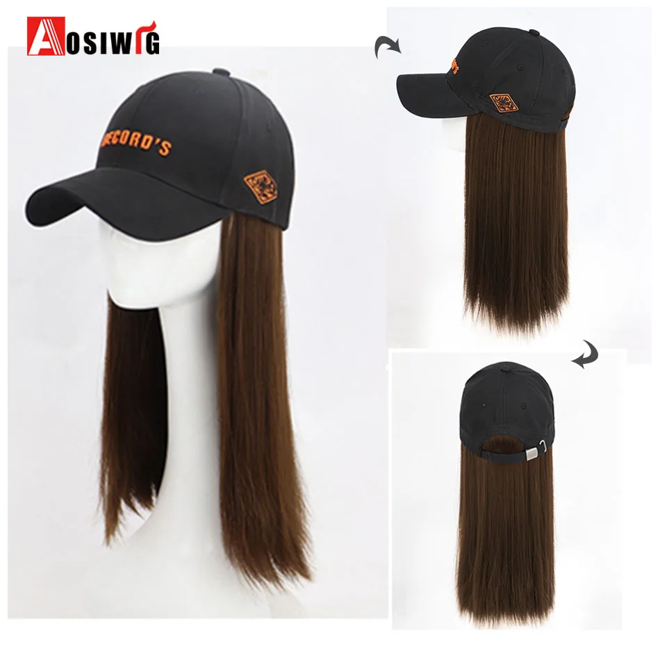 

AOSIWIG Synthetic Long Straight Hat Wig Baseball Cap Peaked Cap Hair Wig Natural Connection Adjustable Trucker Hat Wig Women