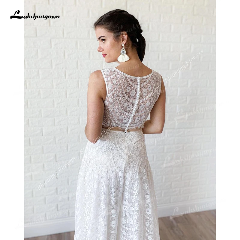 Boho Hochzeit Hosenanzüge 2022 Böhmischen Strand Spitze Braut Overall 2-Stück Tasten Zurück Breite Bein Hosen Ärmel Crop top