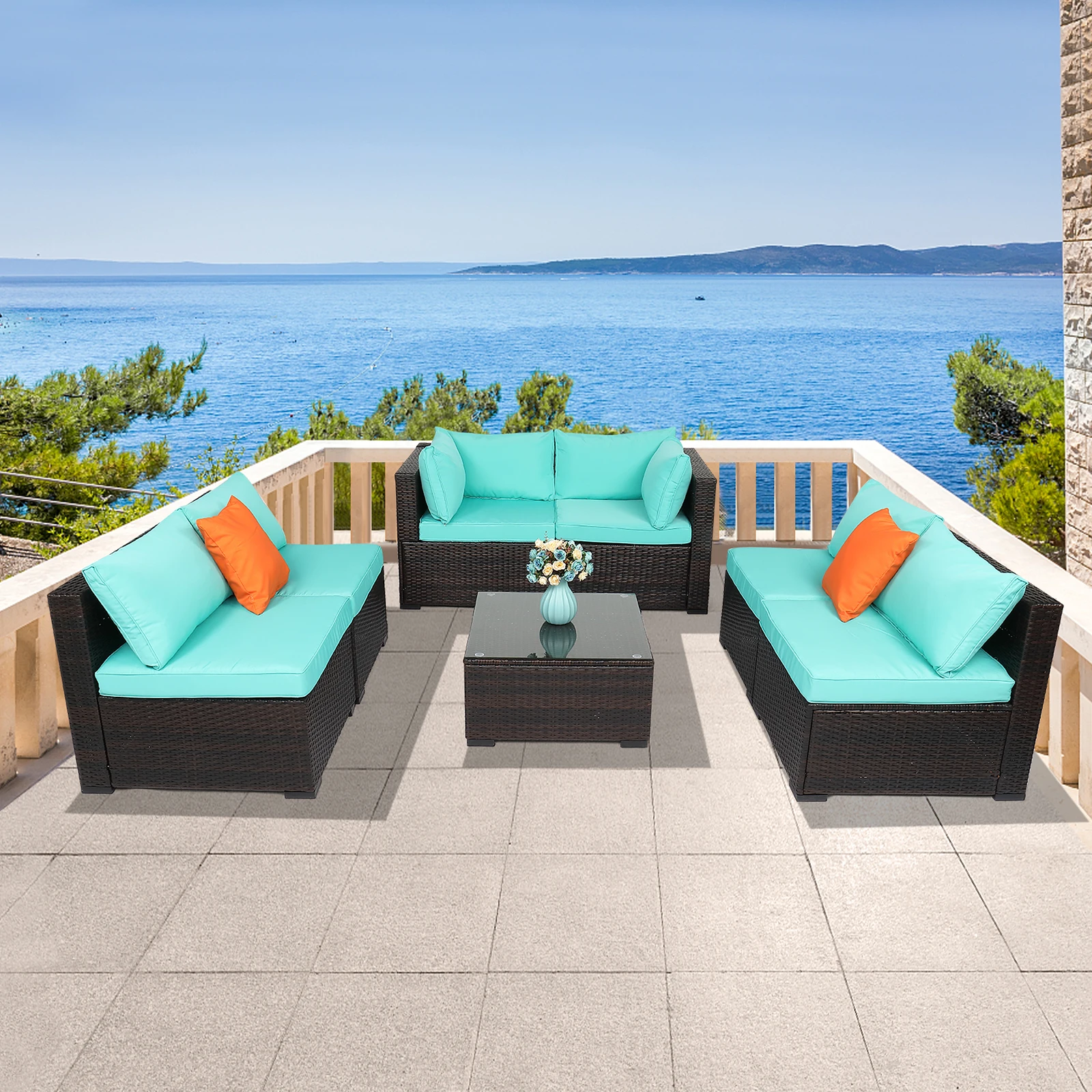 7 Piece Outdoor Terrace Patio Furniture Set Brown Gradient Rattan Lake Blue Cushion Vacuum Packing Rattan[US-Stock]