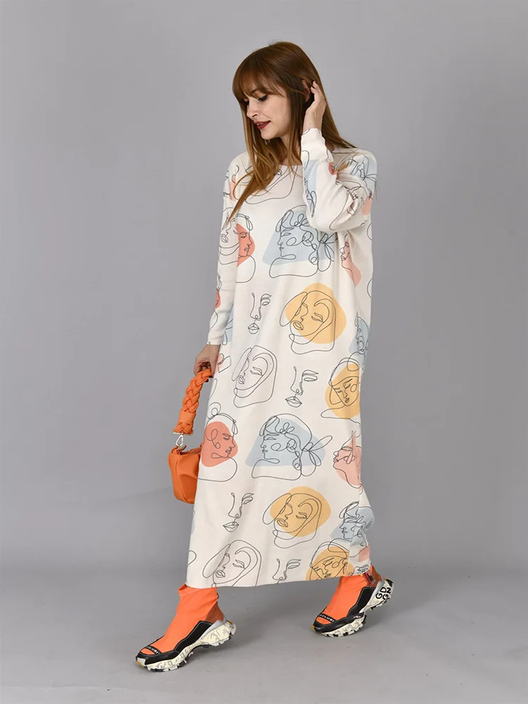 

Artistic Pattern O-Neck Full Sleeve Length Knitwear Fabric Ecru Color Long Dress New Fashion Women Winter Clothes