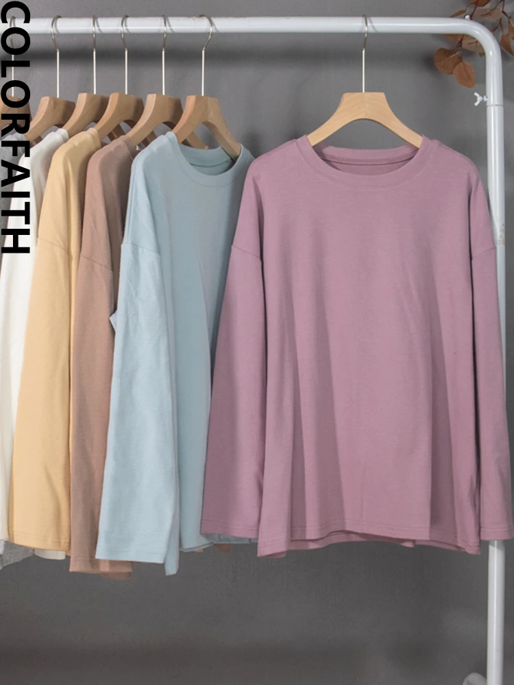 Colorfaith New 2022 Oversized Solid Bottoming Long Sleeve Wild Thicken Minimalist Style Women Spring Autumn T-Shirts Tops T2789