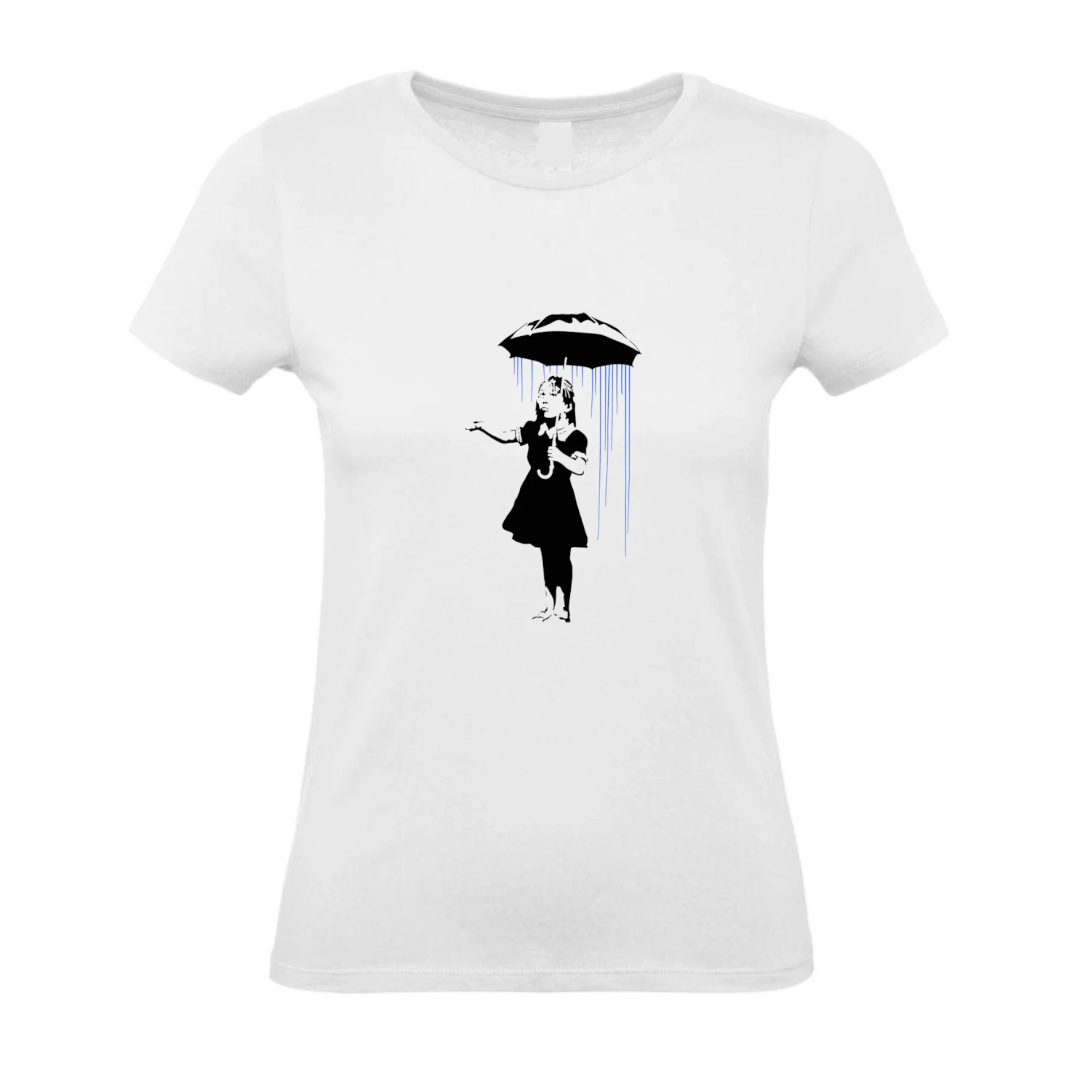 Camiseta Premium Mujer Banksy Mujer Lluvia Arte Callejero grafiti Algodon 190grs