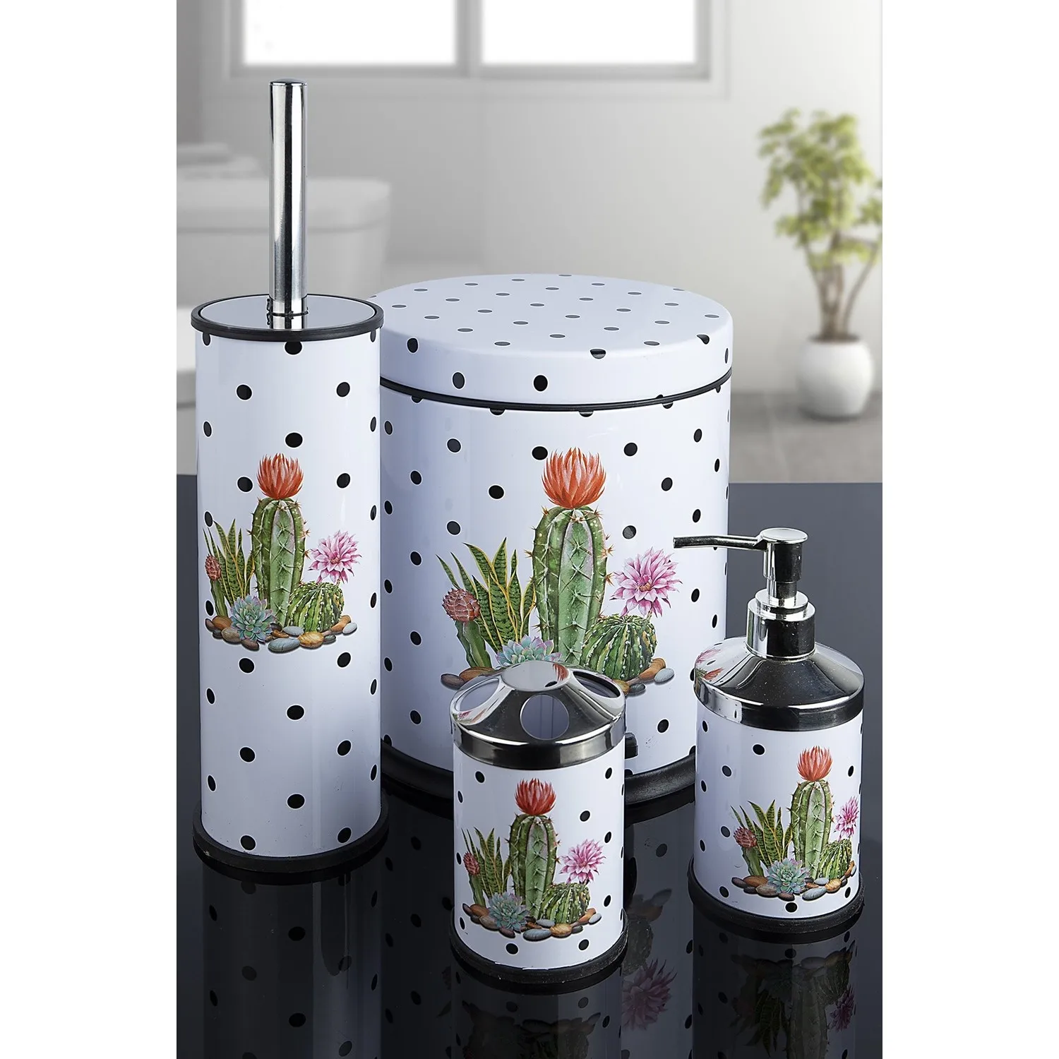 4 Pcs Bathroom Set Cactus Patterned 1 dustbin 1 liquid soap dispenser 1 toothbrush holder 1 toilet brush Bathroom accessories