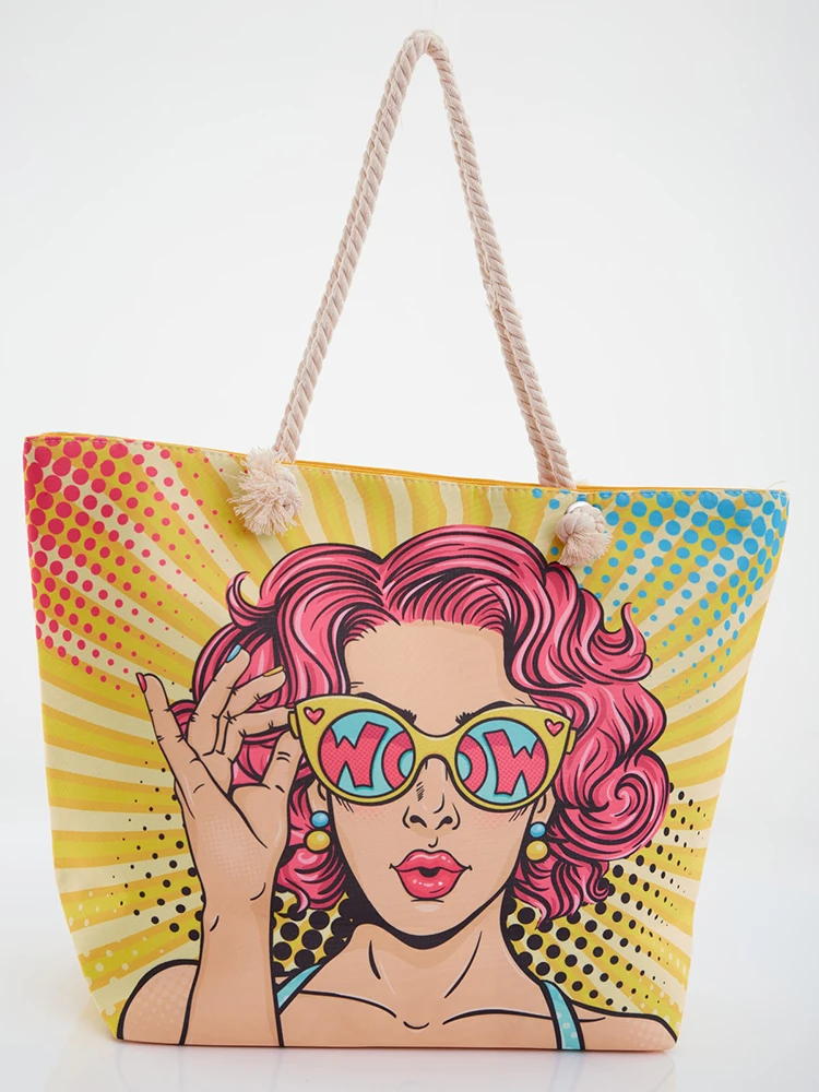 Summer Fashion Folding Women Big Size Beach Handbag Tote Ladies Printing Canvas Popart Shoulder Bag Beach Bolsa Feminina