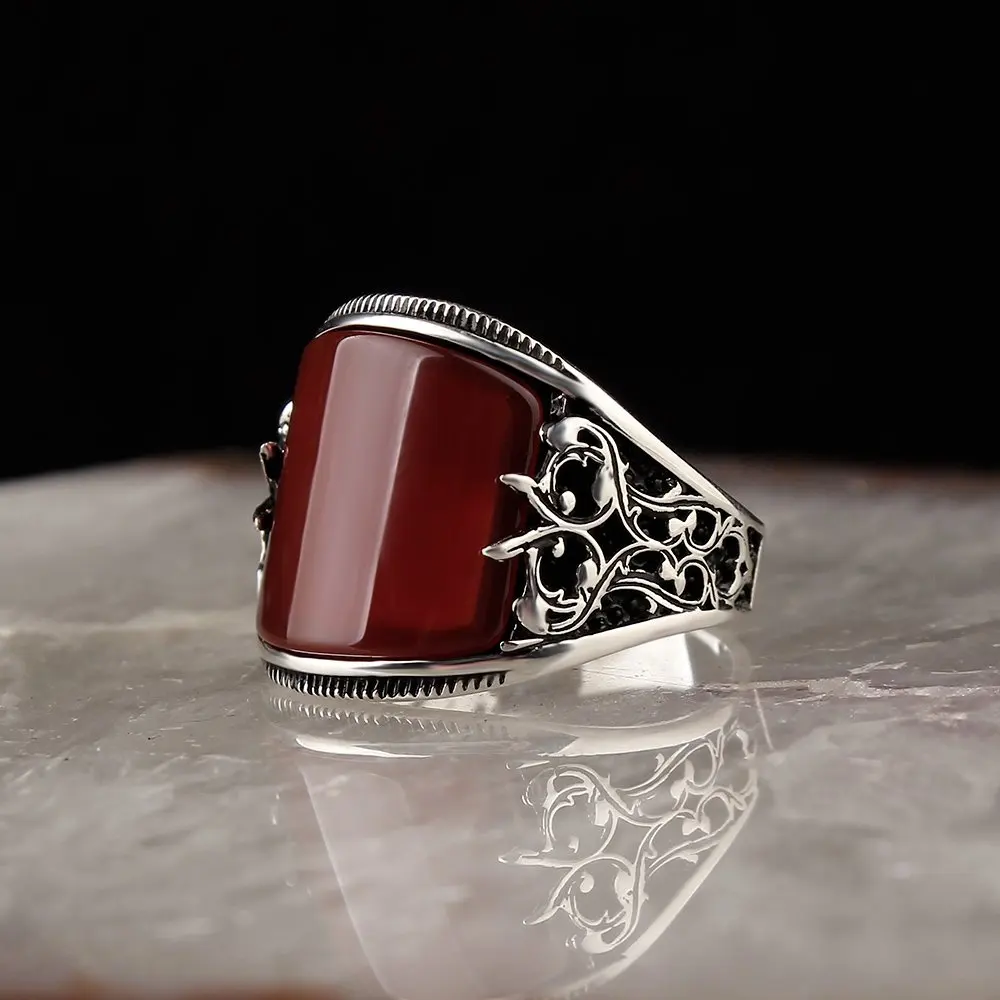 925 Sterling Silver Ring for Men  Agate Stone Jewelry Fashion Vintage Gift Onyx Aqeq Mens Rings All Size