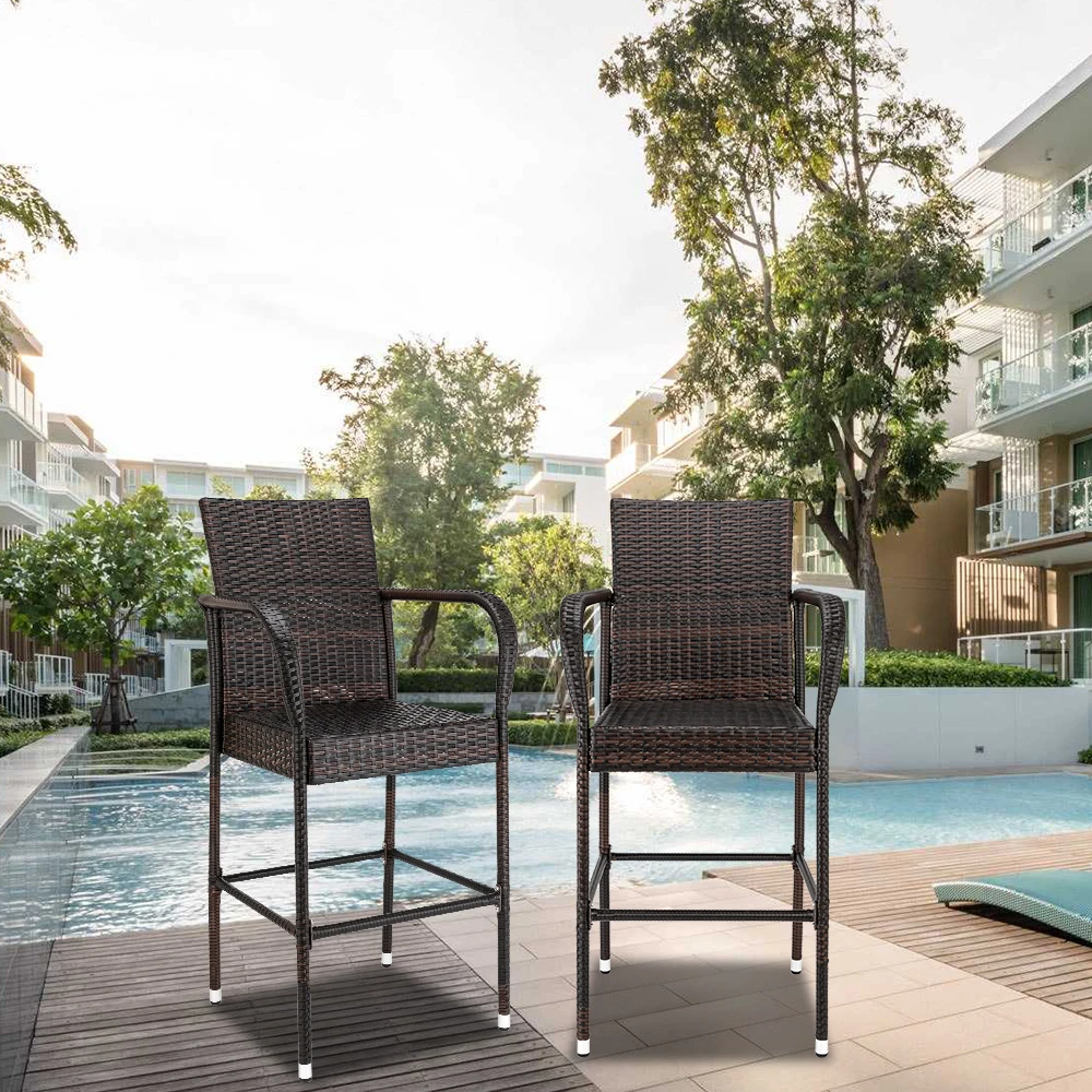 Outdoor 2pcs High Bar Chair PE Rattan Iron Frame Brown Gradient[US-Stock]