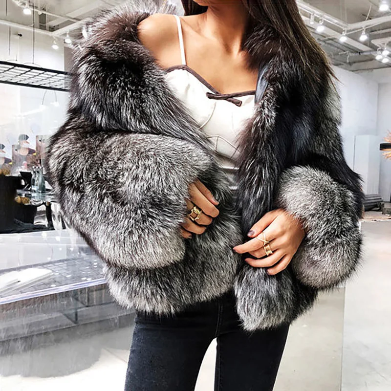 Fox ขนสัตว์,ผู้หญิง2021ฤดูหนาวแฟชั่น FAUX Fur Coat Elegant หนา Outerwear ปลอมขนสัตว์เสื้อผู้หญิง