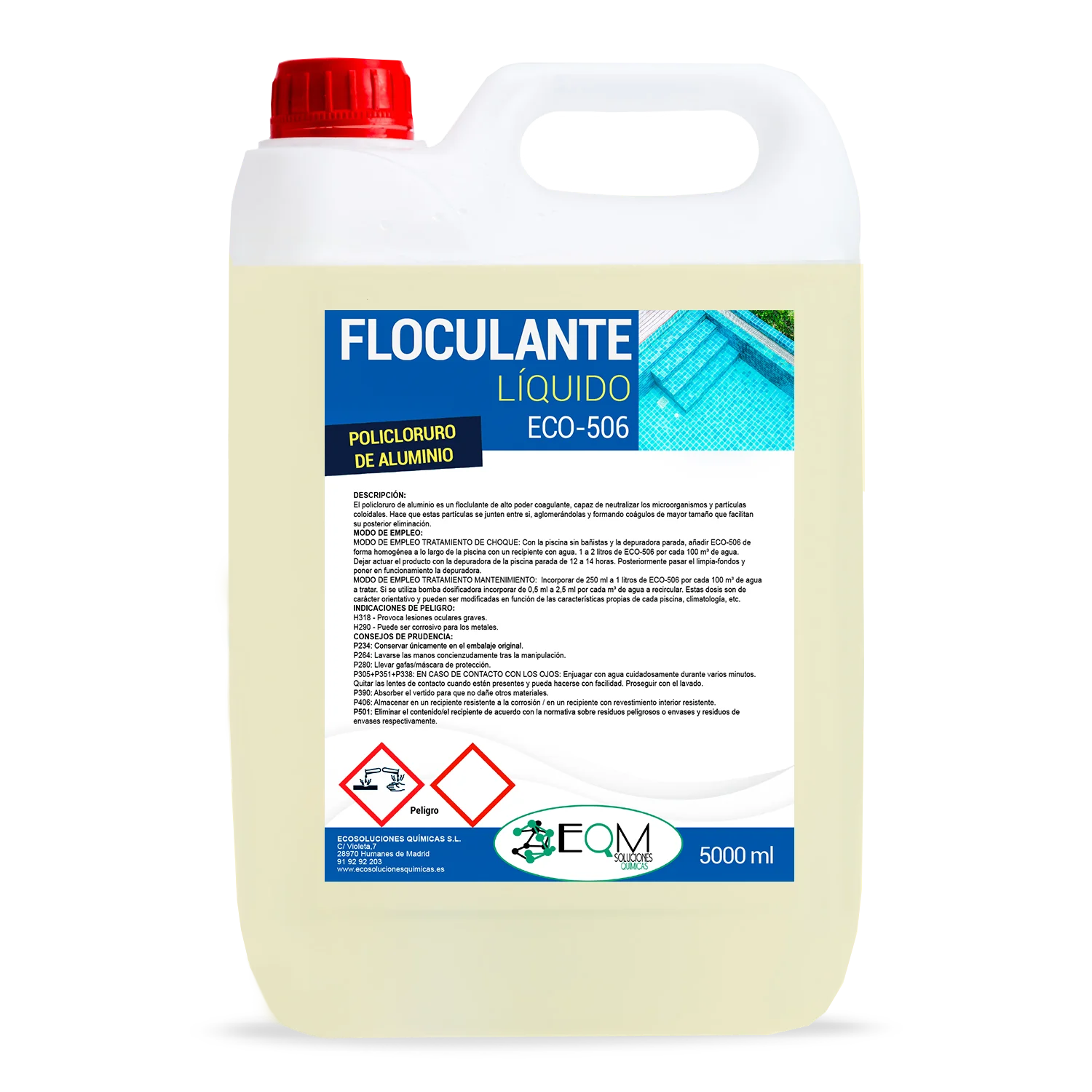 Concentrated liquid flocculant for swimming pools | Eliminates turbidity and clarifies water | Swimming pools, spas, jacuzzis, etc. | 5L | ECO-506 | EQM chemical solutions