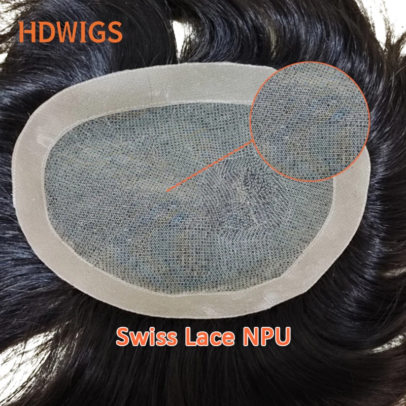 Men's Wig Swiss Lace NPU Human Hair System Straight Wave Indian Hair Replacement Capillary Prosthesis Natural Color Toupee Unit