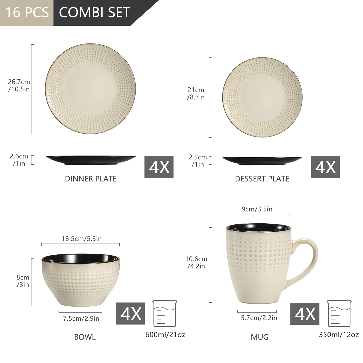 VANCASSO GUTO 16/32/48 Piece Beige Embossed Stoneware Tableware Set with Dinner/Dessert Plate/Soup Bowl/Mug Service for 4/8/12