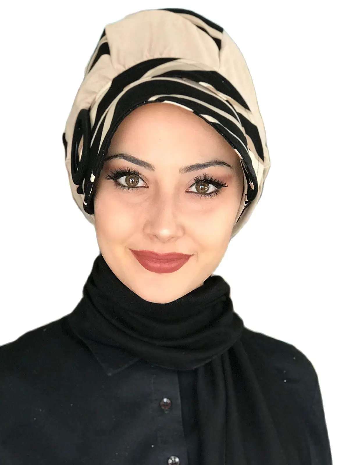 New Fashion 2021 Headscarf Turban Women's Hat Spring Scarf Bad-ı Saba Black Striped Beige Passionflower Buckle Black Scarf Hat