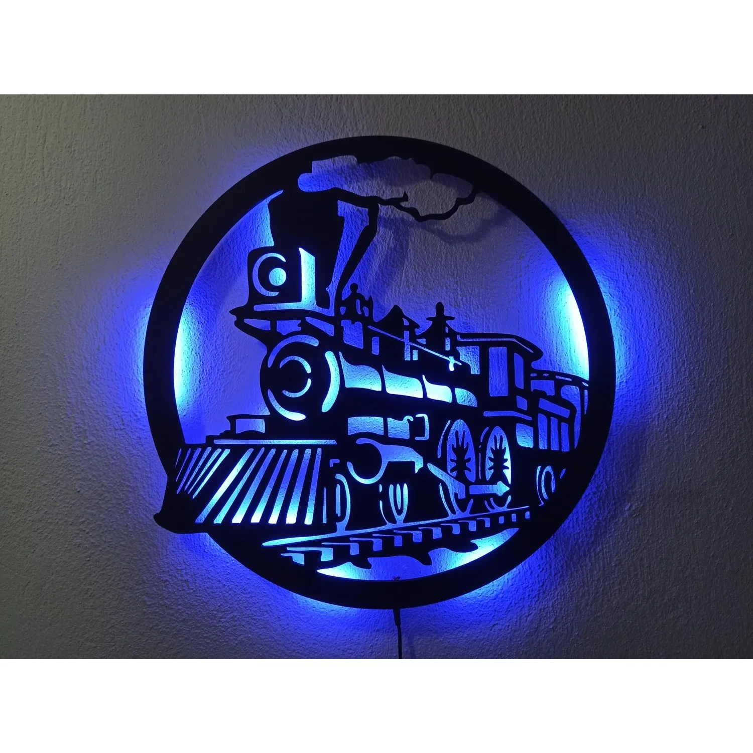 Treno LED illuminato pittura murale Led illuminato legno 4 mm Mdf tavolo decorativo 50 x50cm illuminato legno/decorazione della parete blu