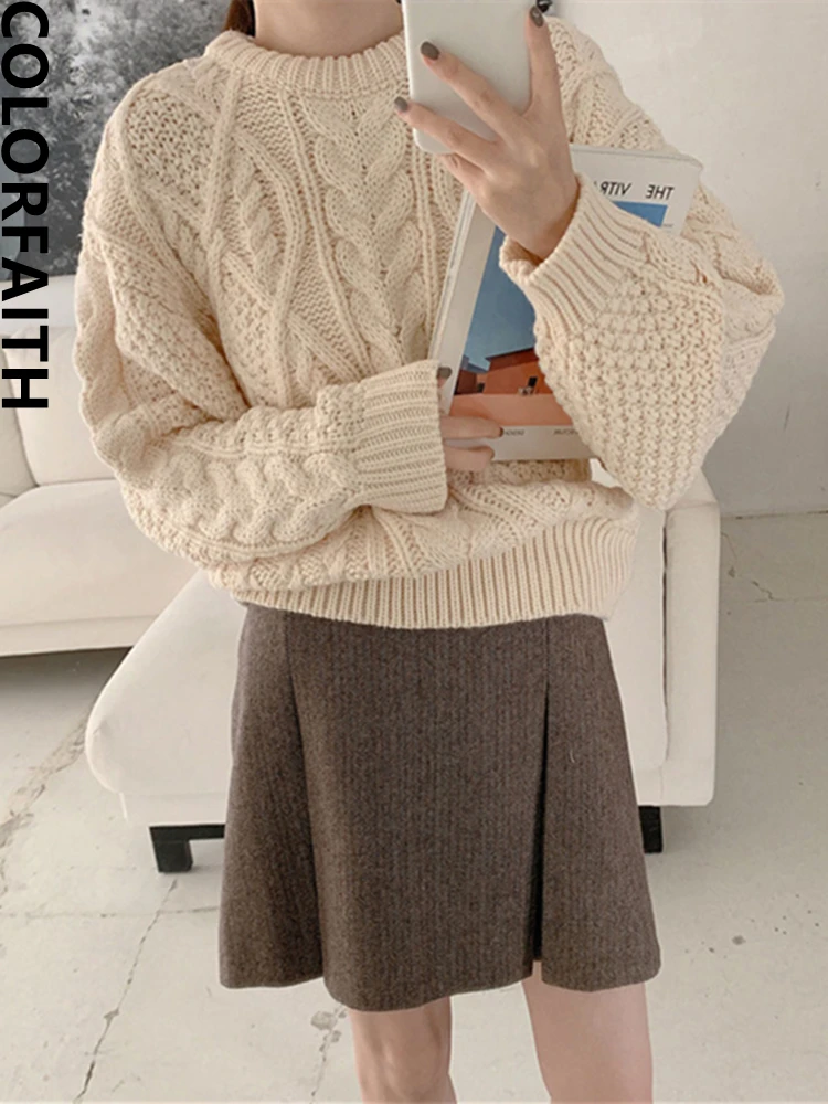 Colorfaith New 2022 Sweater One Size Knitted Oversized Warm Fashionable Lady Pullovers Autumn Winter Women Short Tops SW8178