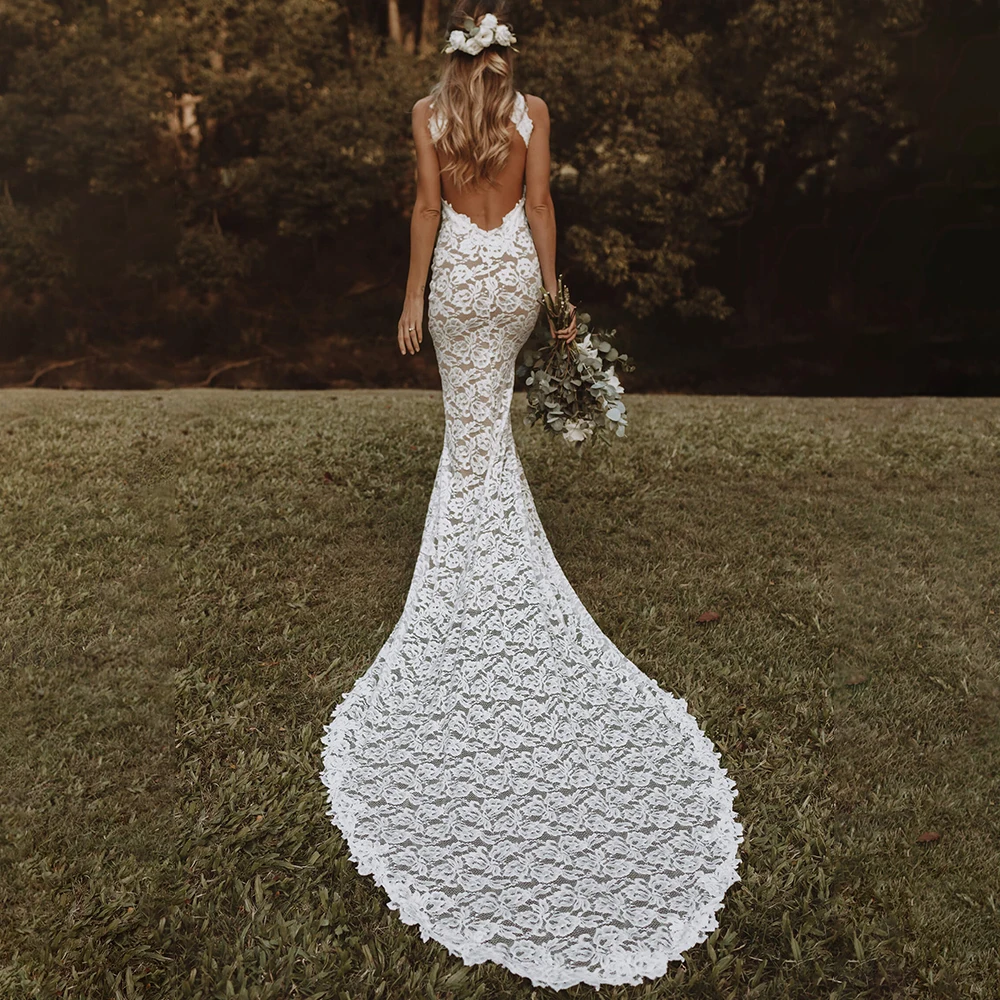 High Halter Neck Floral Lace Sheath Wedding Gowns Custom Made Drop Ship Fishtail Skirt Plus Size Open Back Buttons Bridal Dress