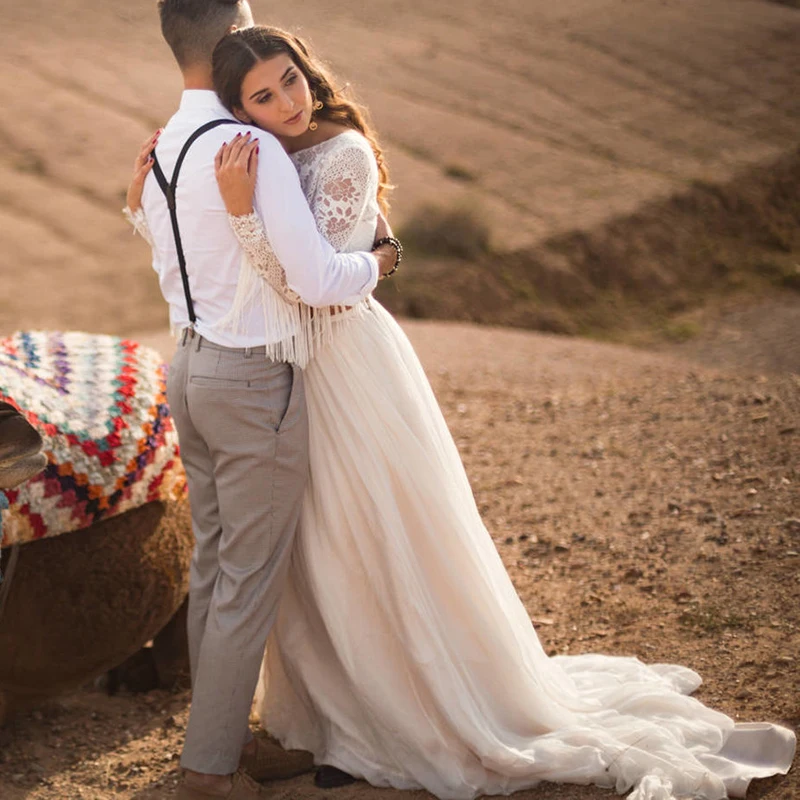 Renda chiffon areias praia vestido de casamento ao ar livre duas peças mangas compridas botões uma linha boho personalizado vestidos de noiva borlas