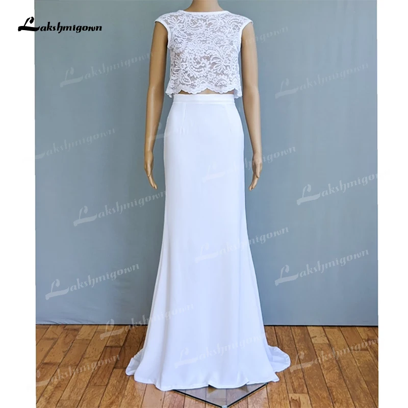 Boho O-Neck Two Piece Set Short Lace Top Appliques Mermaid Wedding Dresses Chiffon Bridal Gown Sweep Button Beach Simple vestido