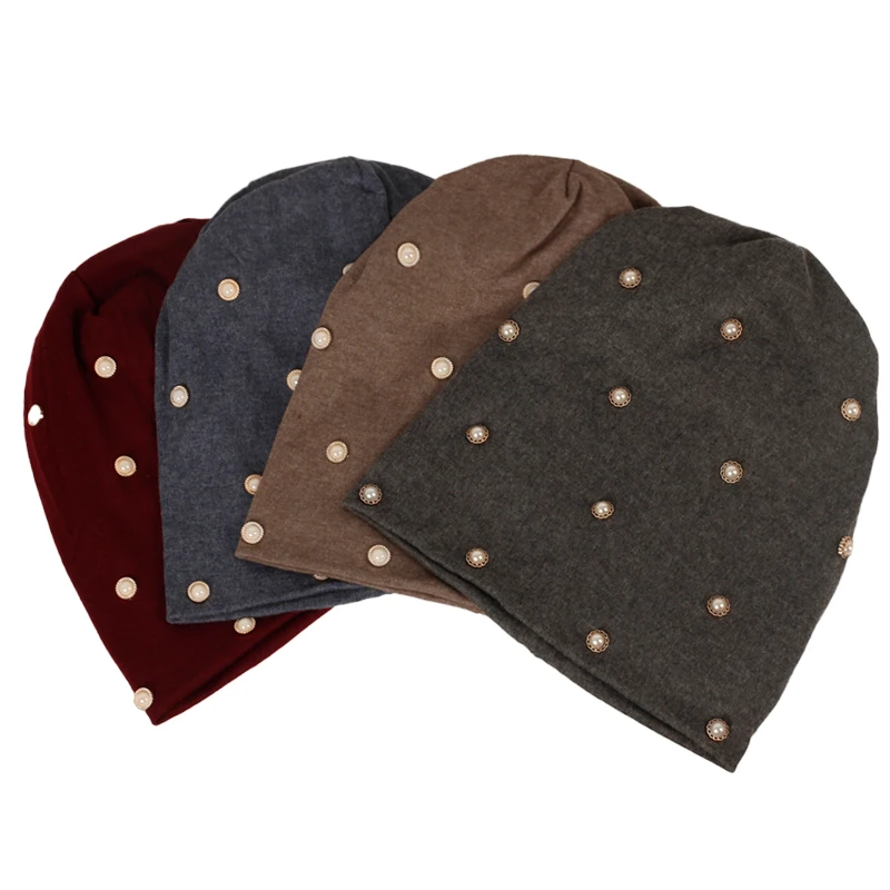 

Geebro Women Knitted Skullies Beanies Fashion Pearl Accessories Hats Soft Elastic Solid Color Adult Casual Caps Cotton Bonnet