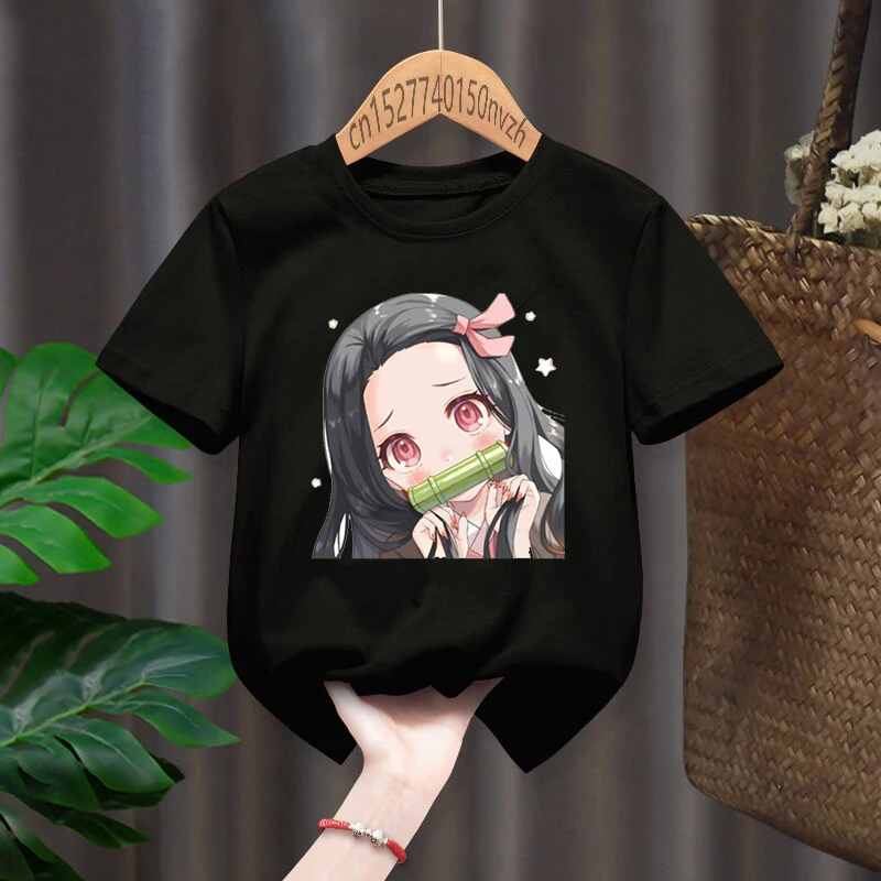 Camisetas con estampado de Nezuko Kamado Kimetsu no Yaiba para niños, ropa Kawaii Harajuku negra para bebés, Tops para niños y niñas, regalo, envío