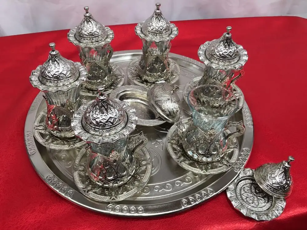 DOLBOVI Copper 27 PCs Slim Glass Tea Cup Set Custom Silver Color Tea Set Turkish Arabic Moroccan Traditional Cup cup tea handmade bowl beautiful