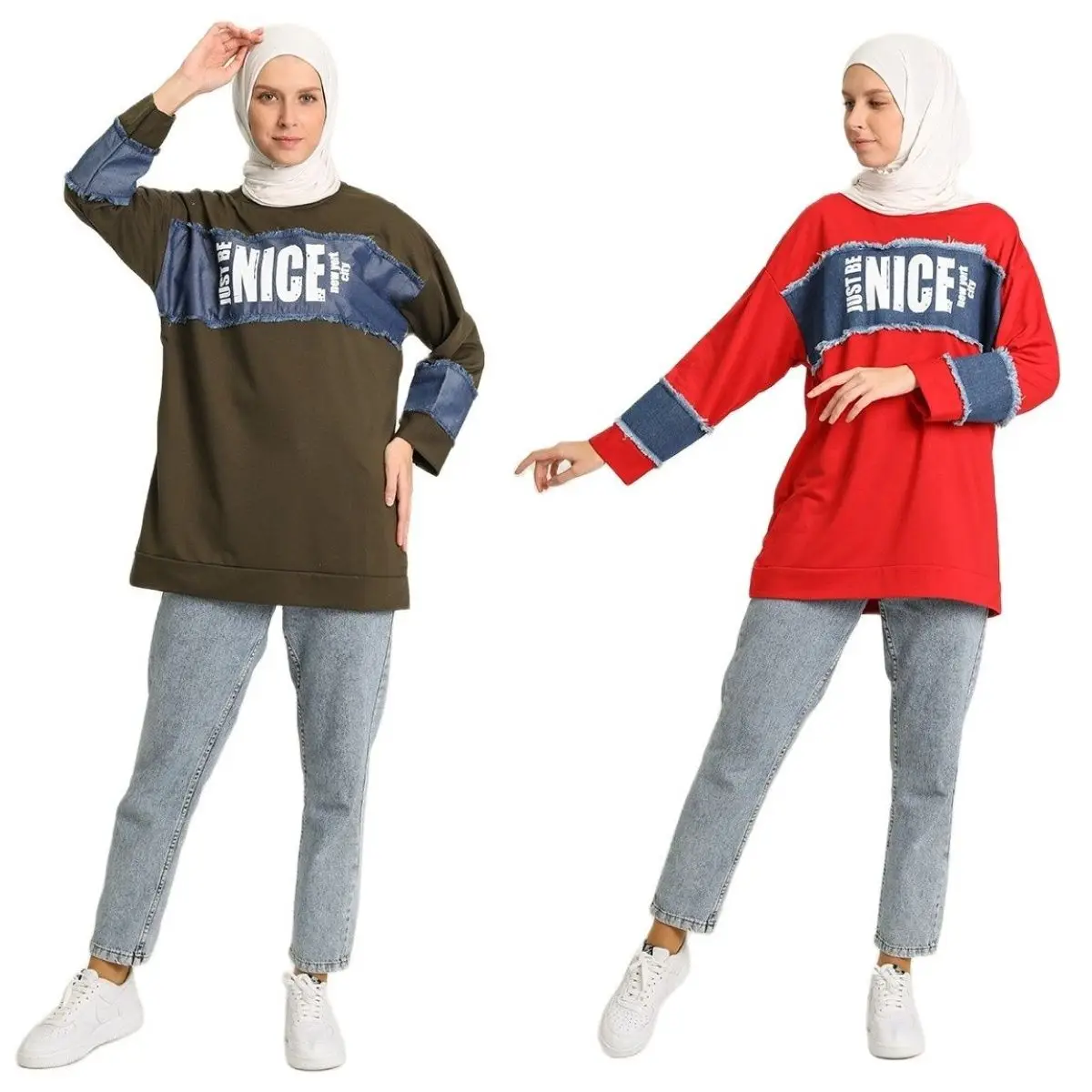 

Denim Pieced Seasonal Sweatshirt Printed Tunic Cotton Fabric Printed Unlined Long Sleeve Women Muslim Fashion Hijab Clothing