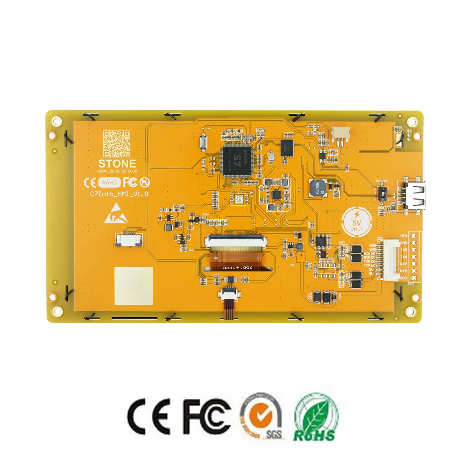 Pedra rs232 do tela táctil de 7.0 polegadas com tela de toque de tft da cor do brilho