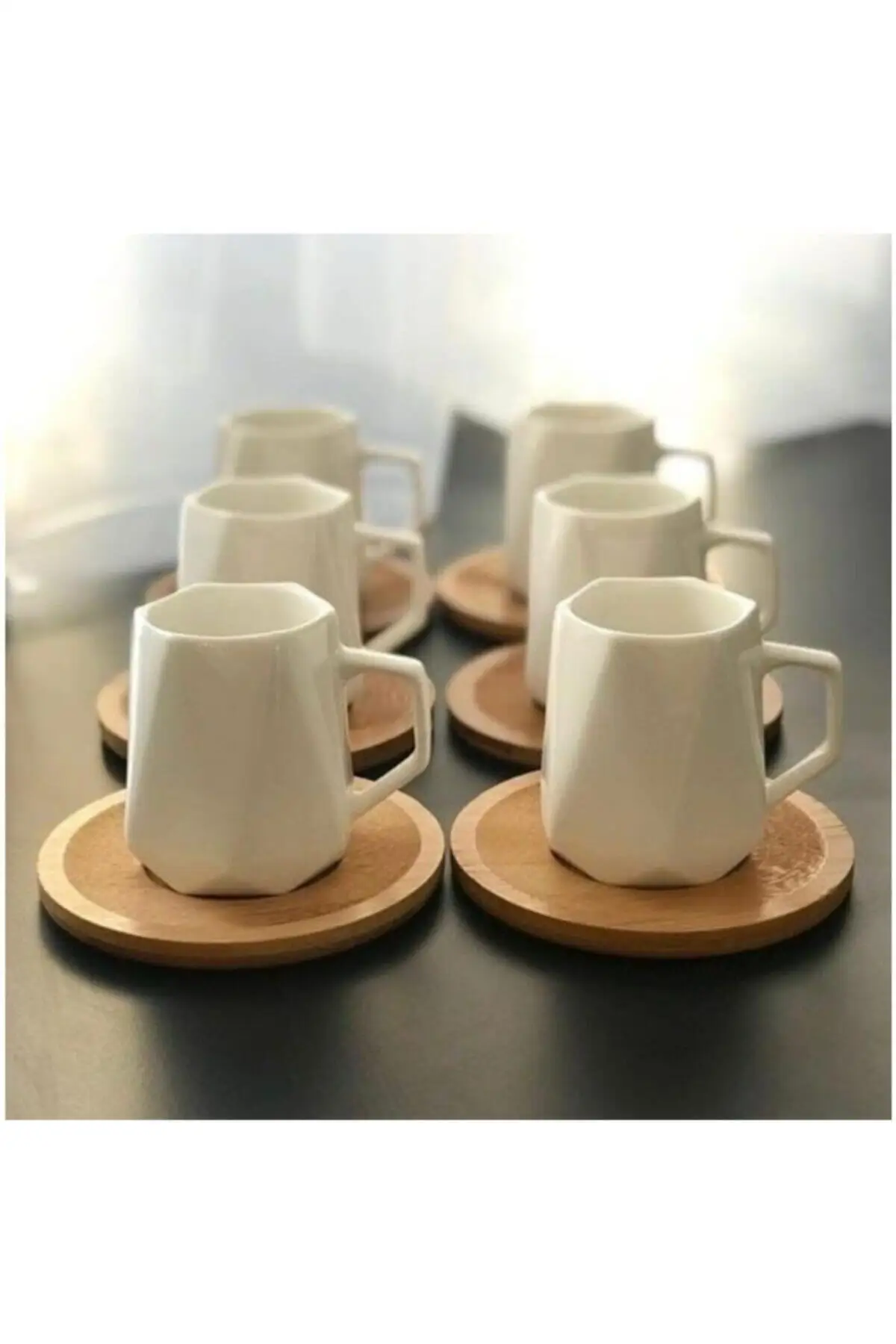 Turkish Prism Coffee Cups 6 Pcs Saucers Serving Set Bamboo Plate Coffee Mugs Best For Home Decor Demitasse Porcelain Coffee Set