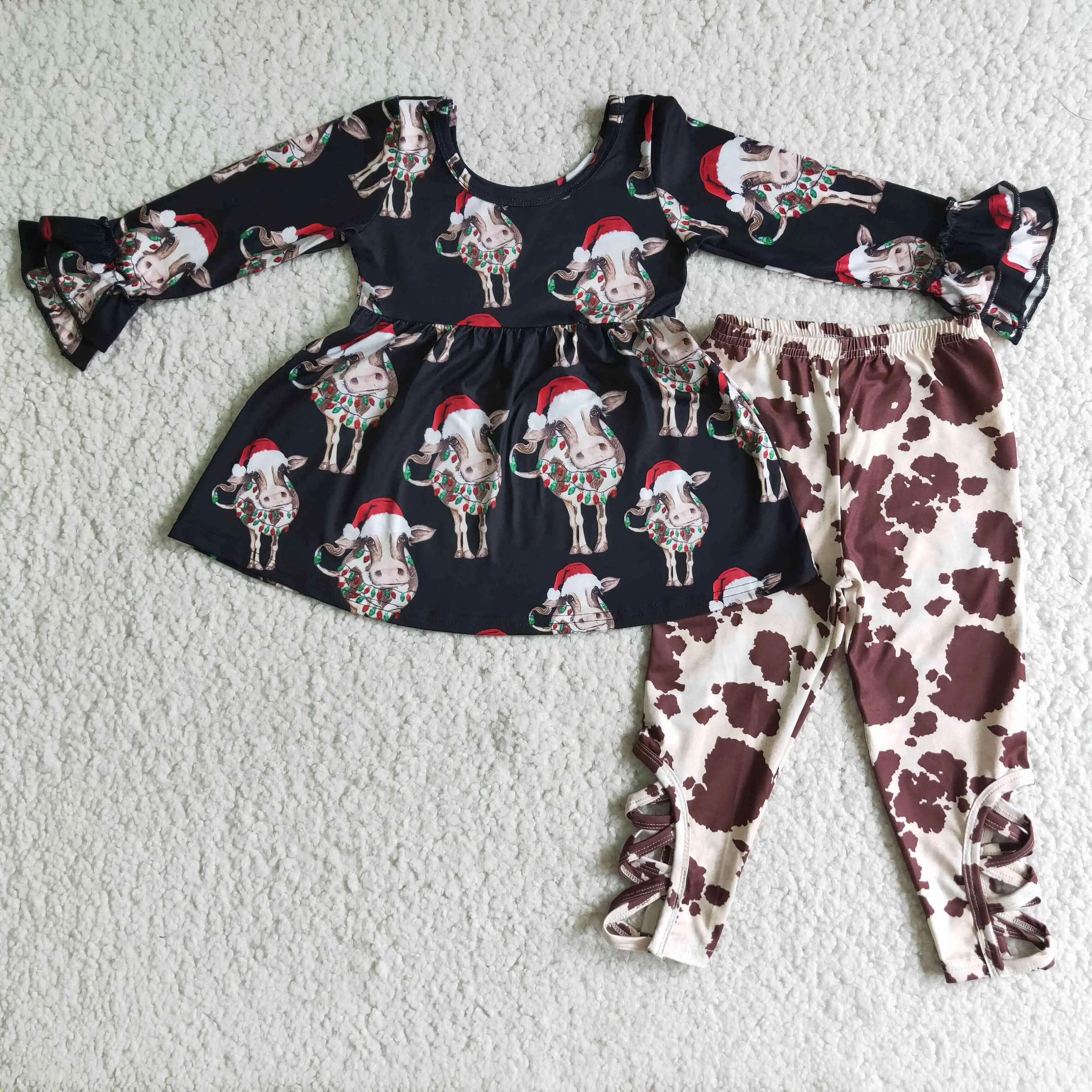 

Hot Design baby girl ruffled long-sleeved Christmas cow print blouse ink print trousers girl boutique clothing set