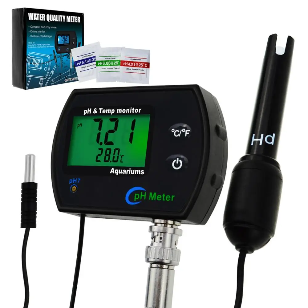 PH & Temperature 2-in-1 Continuous Monitor Meter 0.00~14.00pH DegC/ DegF Replaceable Electrode for Aquariums Hydroponics
