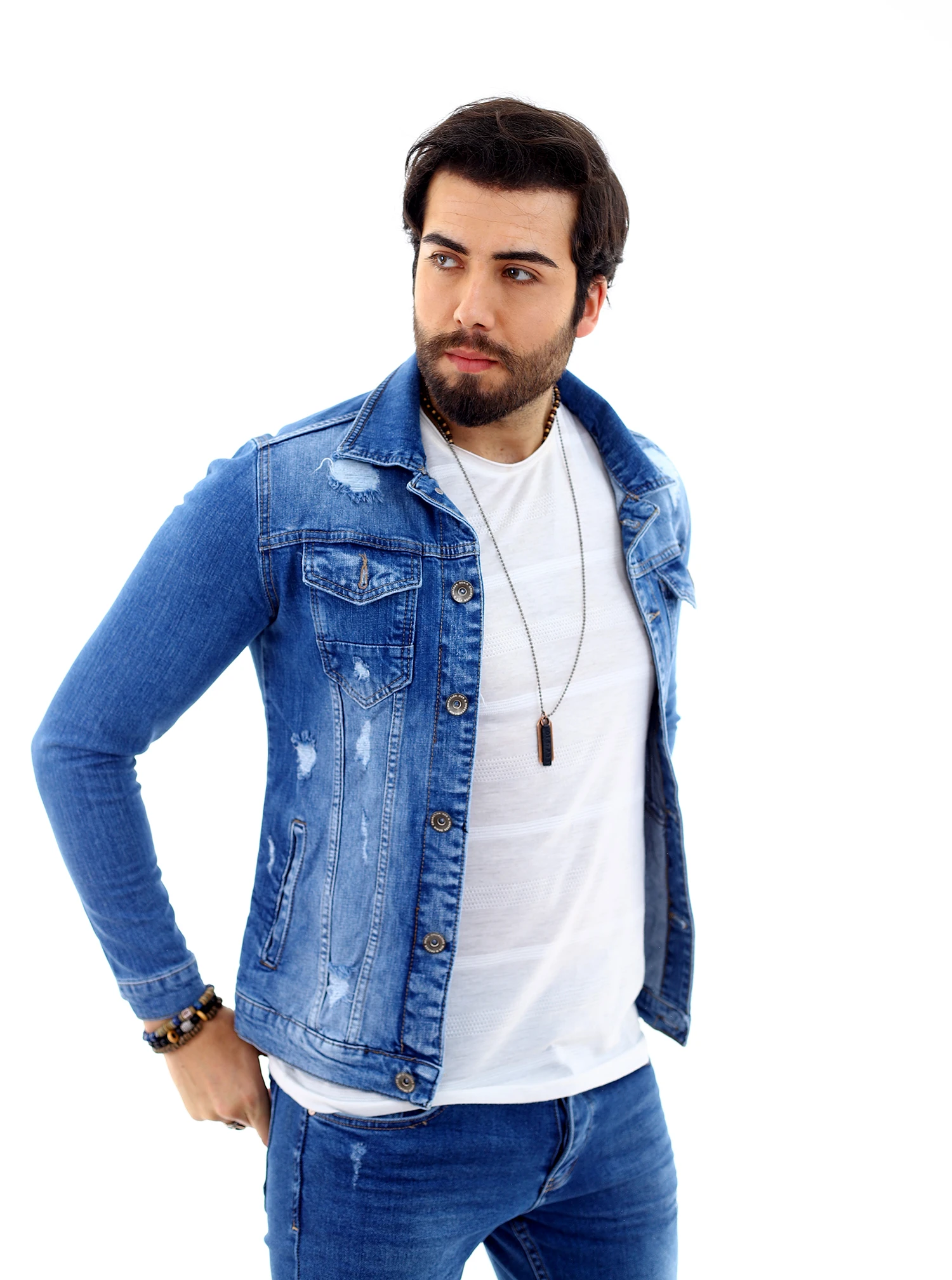 Men's Lycra Denim Jacket Blue 2021 Fashion Men's Jean, Outerwear, cowboy jacket, autumn and winter slim denim jacket casual