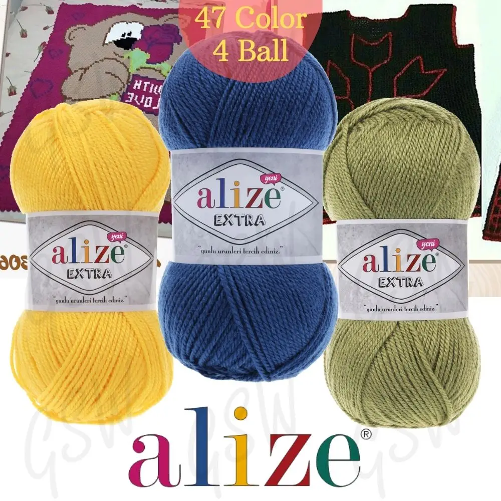 Wool Hand Knitted Yarn, Alize Extra, 4 Ball, Shiny, Amigurumi, Hobby, Acrylic-Baby - Warm - Winter - DIY, 47 Color Options 220 Meters(100gr), Crochet - Needles, Thread, Rope - Made In Turkey -