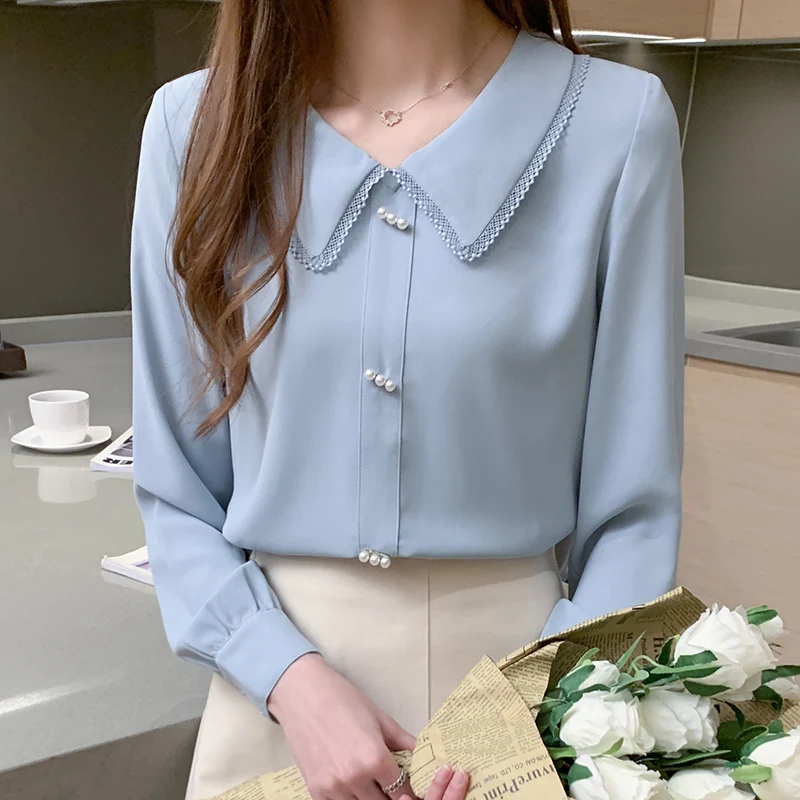 

Blusas 2022 Spring Fall Chiffon Blouse Long Sleeve Green White Blouse Women Shirts Lady Tops Blouse Clothes Femme Mujer De Moda