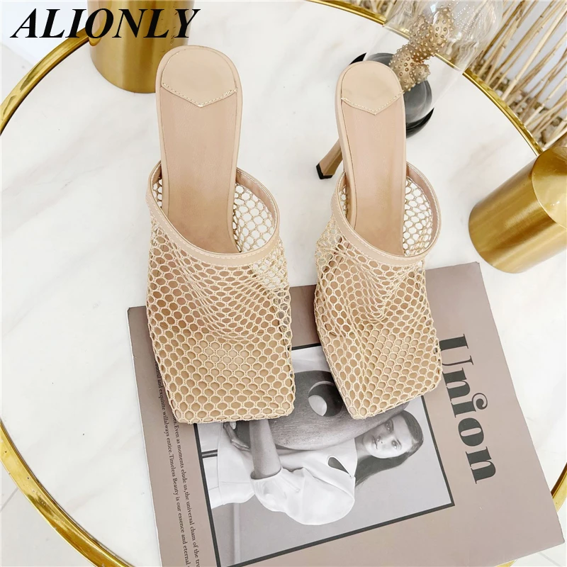 Alionly Ladies Half Slippers Fashion All-Match 2023 New Summer Square Head Mesh Shoes High Heels Stiletto Toe Sandals