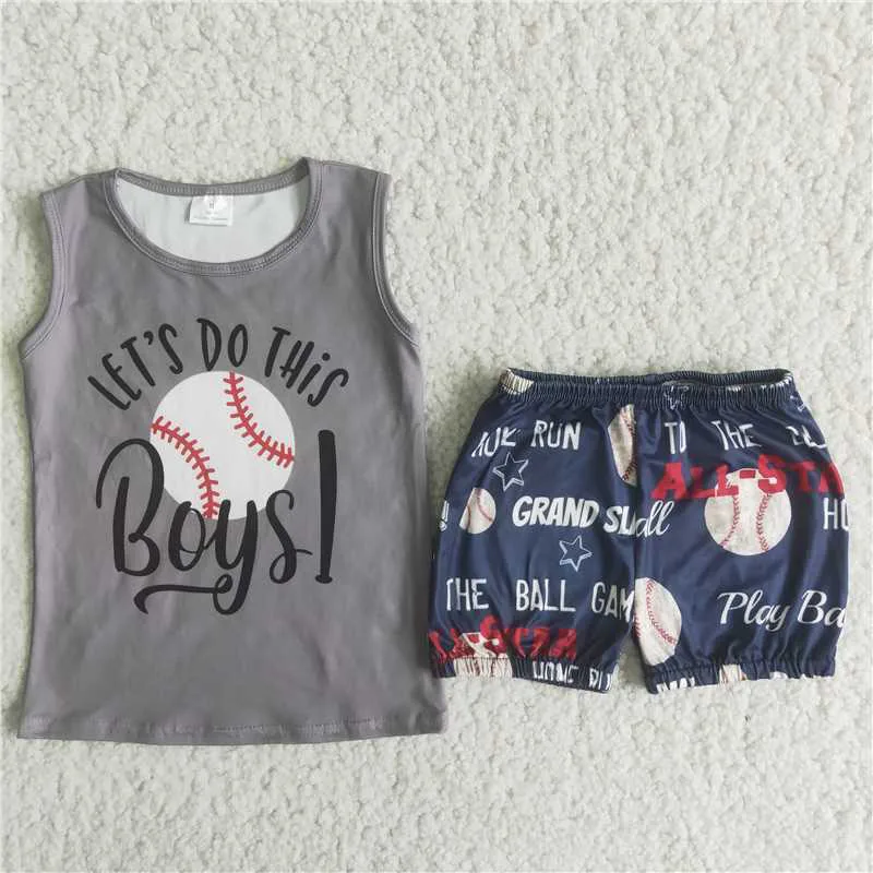 

New Summer Hot Sale Baseball Print Sleeveless Floral Shorts Handsome Boys Children's Boutique Wholesale Suits Clothing Sets