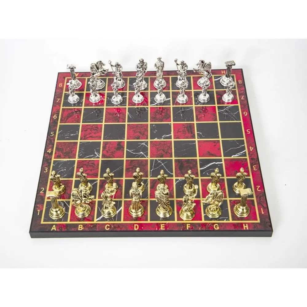 Luxury Metal Chess Set Chrome Plated Roman Senate & Flame Red Marble Patterned Board Luxury Chess Board Game Chess Pieces Wooden