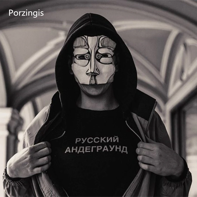 Porzingis men\'s tshirt reflective Russian inscription RUSSIAN UNDERGROUND summer fashion male t-shirt cotton unisex tee tops