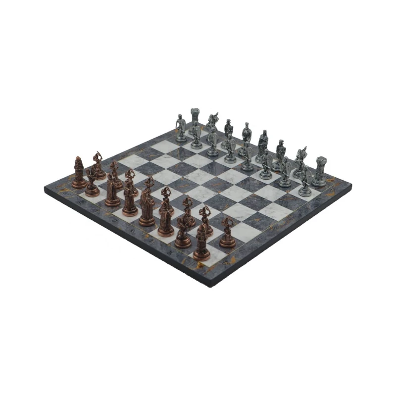 Metal Chess set medium ottoman byzantine antique gray Marble Pattern Chessboard two seater intelligence and strategy game