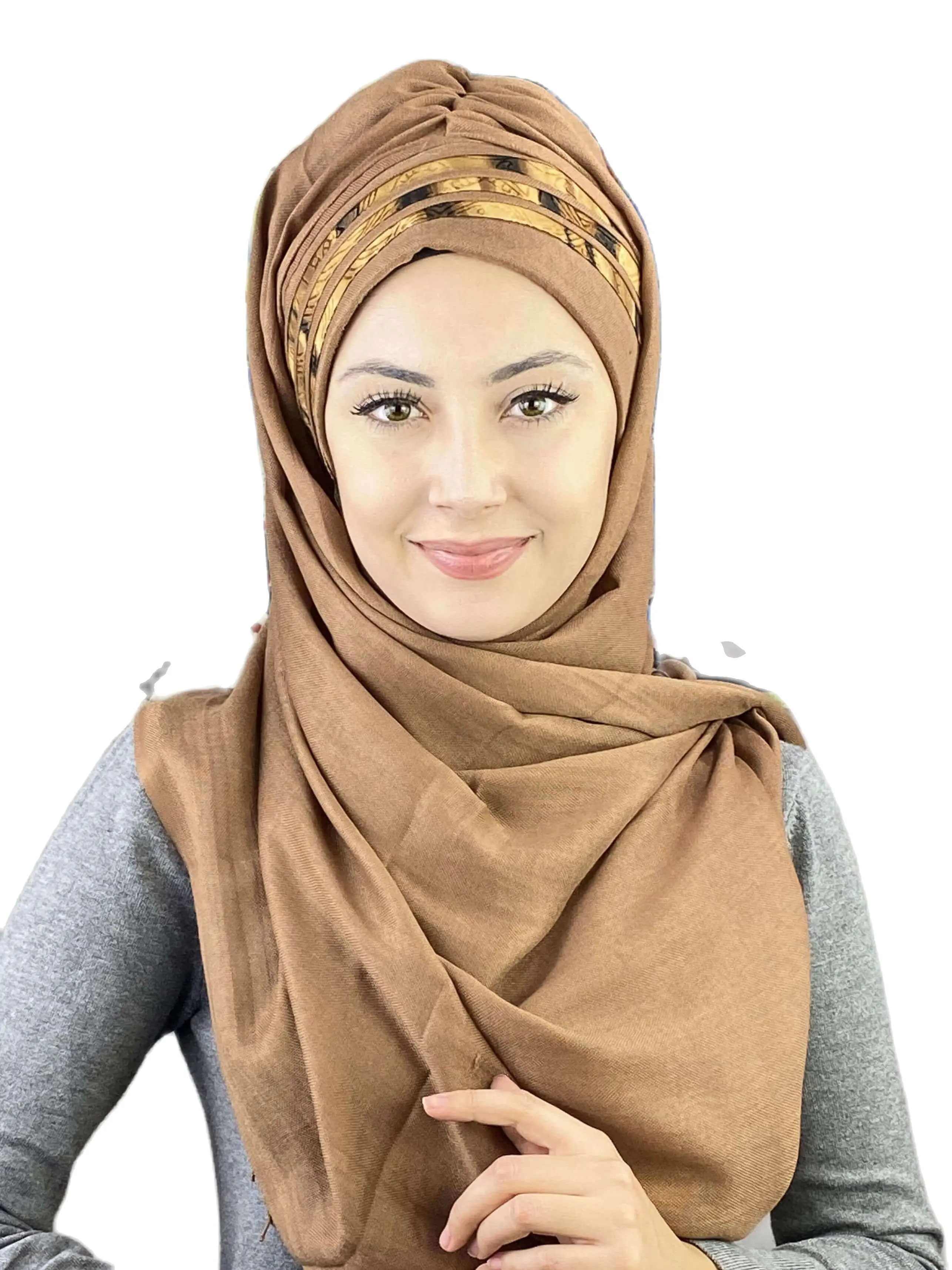 2022 Hijab New Fashion Scarf Women\'s Products Hat Islamic Bonnet Muslim Light Brown Color Asymmetrical Striped Draped Shawl